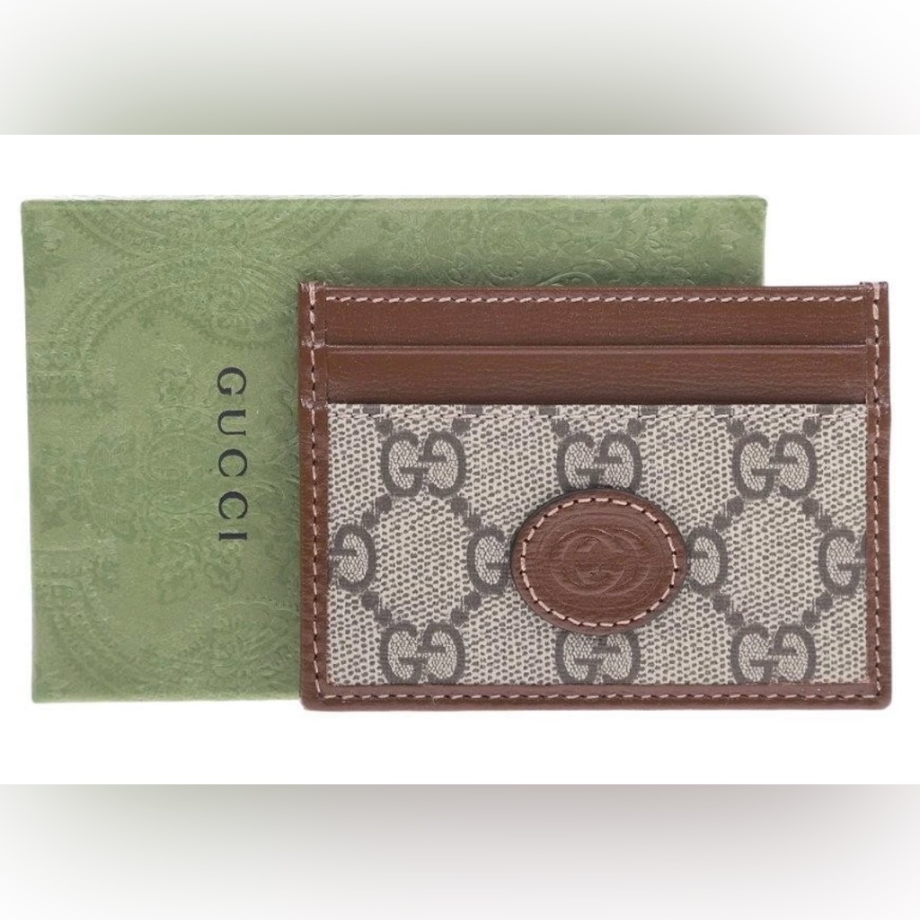 New Gucci Gg Supreme Brown Leather Interlocking G Logo Card Case Wallet W Box